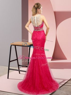 Luxurious Two Pieces Sleeveless Hot Pink Womens Evening Dresses Sweep Train Lace Up