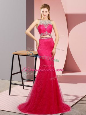 Luxurious Two Pieces Sleeveless Hot Pink Womens Evening Dresses Sweep Train Lace Up