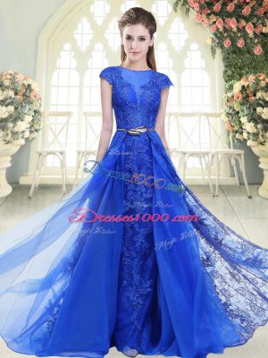 Blue A-line Tulle Scoop Cap Sleeves Lace and Appliques Zipper Formal Dresses Sweep Train