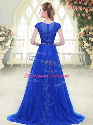 Blue A-line Tulle Scoop Cap Sleeves Lace and Appliques Zipper Formal Dresses Sweep Train