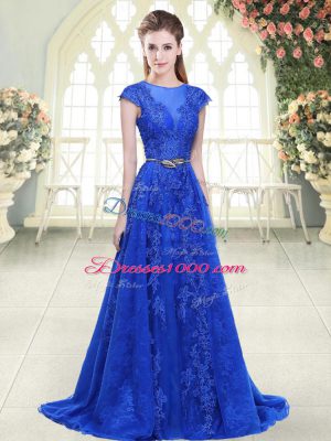 Blue A-line Tulle Scoop Cap Sleeves Lace and Appliques Zipper Formal Dresses Sweep Train