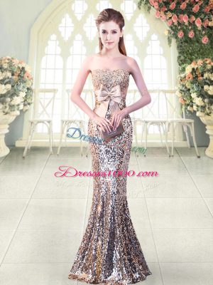 Elegant Silver Zipper Strapless Beading and Sequins and Bowknot Prom Dresses Sequined Sleeveless