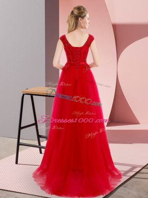 Cheap V-neck Short Sleeves Prom Evening Gown Floor Length Sweep Train Beading and Lace Red Tulle