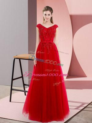 Cheap V-neck Short Sleeves Prom Evening Gown Floor Length Sweep Train Beading and Lace Red Tulle