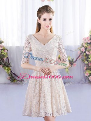 Super Mini Length Empire Short Sleeves Champagne Bridesmaid Dress Lace Up