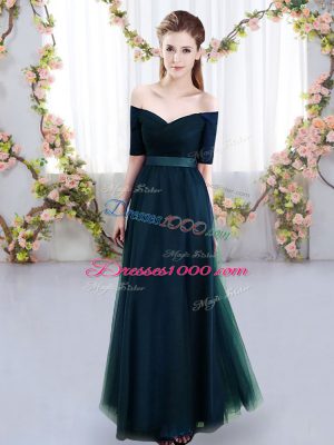 Discount Short Sleeves Lace Up Floor Length Ruching Bridesmaid Gown
