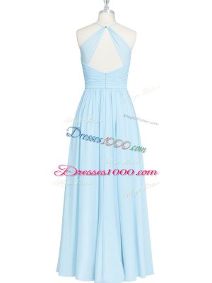 Luxury Light Blue Zipper Halter Top Ruching and Pleated Chiffon Sleeveless