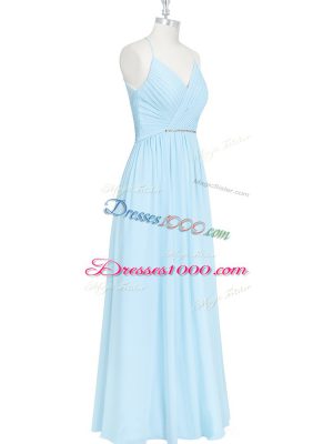 Luxury Light Blue Zipper Halter Top Ruching and Pleated Chiffon Sleeveless