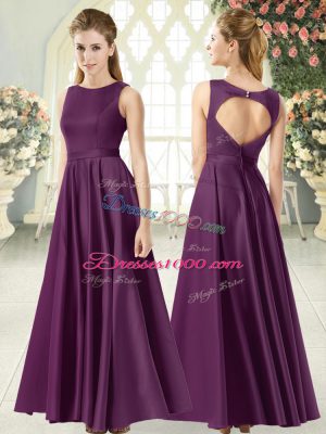 Glittering Purple Satin Backless Homecoming Dress Sleeveless Floor Length Ruching