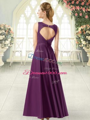 Glittering Purple Satin Backless Homecoming Dress Sleeveless Floor Length Ruching