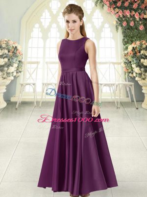 Glittering Purple Satin Backless Homecoming Dress Sleeveless Floor Length Ruching