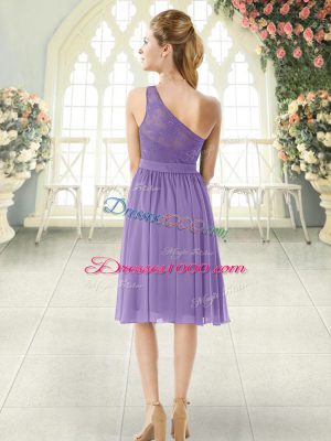 Lavender Chiffon Side Zipper One Shoulder Sleeveless Knee Length Prom Dresses Lace