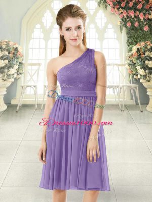 Lavender Chiffon Side Zipper One Shoulder Sleeveless Knee Length Prom Dresses Lace