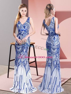 Sleeveless Floor Length Beading Zipper Prom Dress with Blue