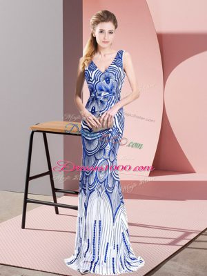 Sleeveless Floor Length Beading Zipper Prom Dress with Blue