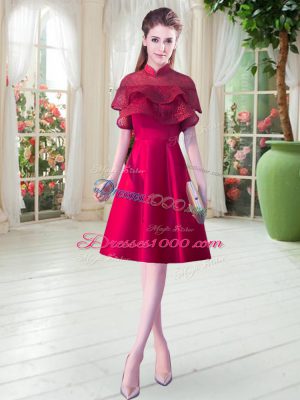 Beautiful Red Satin Zipper Prom Dress Short Sleeves Knee Length Lace