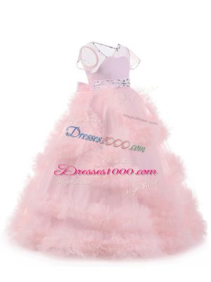 Adorable Floor Length Ball Gowns Short Sleeves Baby Pink Pageant Dress for Teens Backless