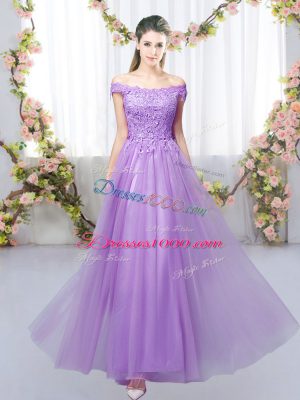 Smart Lavender Lace Up Off The Shoulder Lace Wedding Guest Dresses Tulle Sleeveless