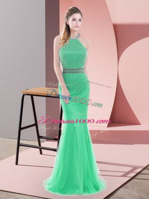 Exquisite Sleeveless Tulle Sweep Train Backless Prom Dress in Green with Beading