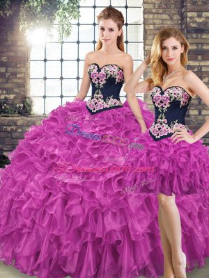 Suitable Organza Sweetheart Sleeveless Lace Up Embroidery and Ruffles Vestidos de Quinceanera in Fuchsia
