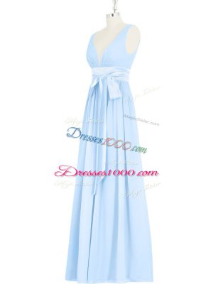 Unique Baby Blue Empire Ruching and Bowknot Backless Chiffon Sleeveless Floor Length