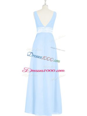 Unique Baby Blue Empire Ruching and Bowknot Backless Chiffon Sleeveless Floor Length