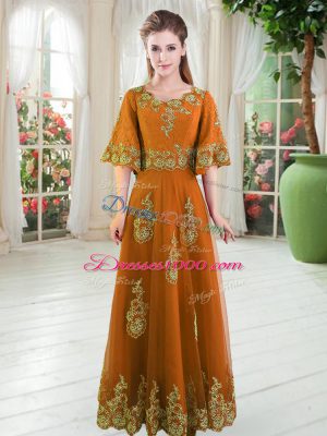Floor Length Orange Prom Dress Tulle Half Sleeves Lace