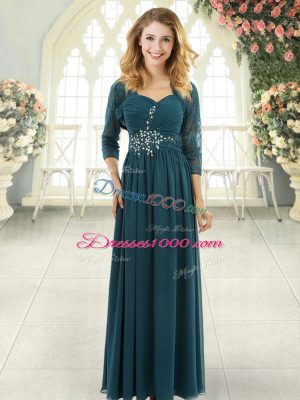 Teal Zipper Sweetheart Beading and Ruching Dress for Prom Chiffon Short Sleeves Sweep Train