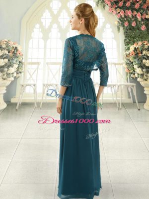 Teal Zipper Sweetheart Beading and Ruching Dress for Prom Chiffon Short Sleeves Sweep Train