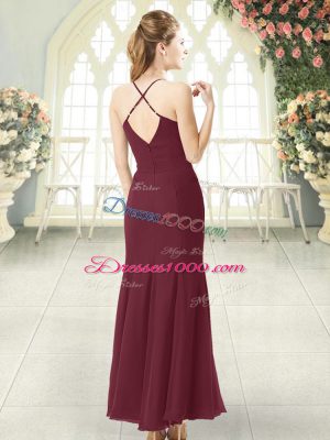 Burgundy Column/Sheath Chiffon Spaghetti Straps Sleeveless Ruching Floor Length Zipper Dress for Prom