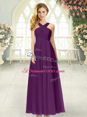 Fine Purple Empire Chiffon Straps Sleeveless Ruching Floor Length Zipper Homecoming Dress