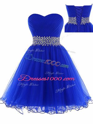 Ruching Prom Evening Gown Royal Blue Lace Up Sleeveless Mini Length