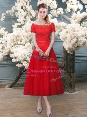 Elegant A-line Prom Party Dress Red Off The Shoulder Tulle Short Sleeves Tea Length Lace Up