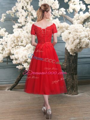 Elegant A-line Prom Party Dress Red Off The Shoulder Tulle Short Sleeves Tea Length Lace Up