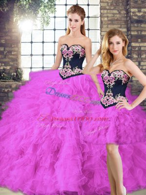 Elegant Fuchsia Lace Up Quinceanera Gowns Beading and Embroidery Sleeveless Floor Length