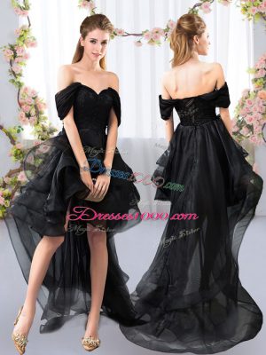 Captivating Lace and Ruffled Layers Vestidos de Damas Black Lace Up Short Sleeves High Low