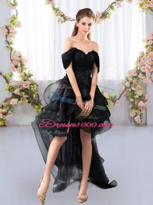 Captivating Lace and Ruffled Layers Vestidos de Damas Black Lace Up Short Sleeves High Low