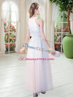 Excellent Sleeveless Tulle Ankle Length Zipper Evening Dress in White with Appliques