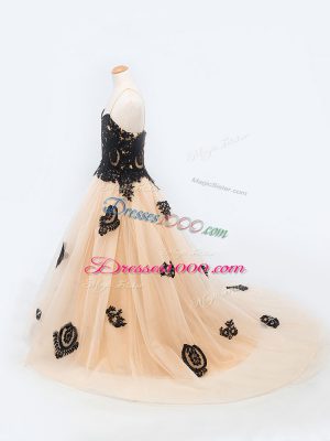 Adorable Tulle Spaghetti Straps Sleeveless Brush Train Lace Up Appliques Pageant Dress in Peach