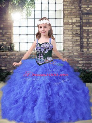 Trendy Ball Gowns Pageant Dress for Teens Blue Straps Tulle Sleeveless Floor Length Lace Up