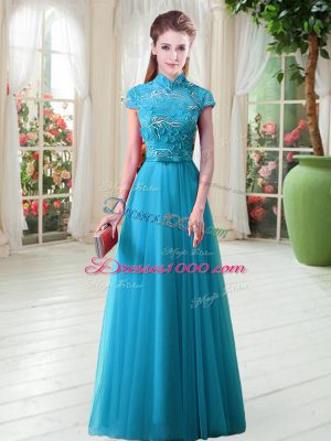Aqua Blue Tulle Lace Up High-neck Cap Sleeves Floor Length Prom Gown Appliques