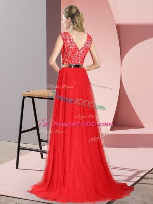 Extravagant Zipper Evening Dress Red for Prom and Party with Beading and Lace Sweep Train
