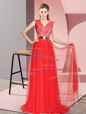 Extravagant Zipper Evening Dress Red for Prom and Party with Beading and Lace Sweep Train