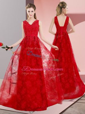 Red Prom Dress Lace Sweep Train Sleeveless Beading