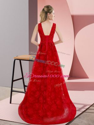 Red Prom Dress Lace Sweep Train Sleeveless Beading