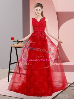 Red Prom Dress Lace Sweep Train Sleeveless Beading