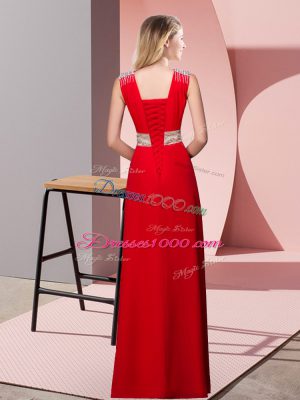 Classical Red Column/Sheath Beading Prom Evening Gown Lace Up Chiffon Sleeveless Floor Length