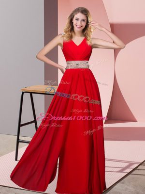 Classical Red Column/Sheath Beading Prom Evening Gown Lace Up Chiffon Sleeveless Floor Length