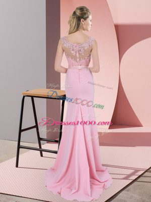 Custom Made Baby Pink Chiffon Zipper Prom Evening Gown Sleeveless Sweep Train Lace and Appliques