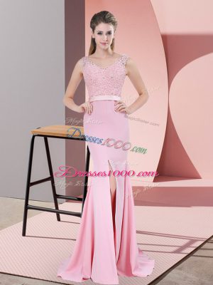 Custom Made Baby Pink Chiffon Zipper Prom Evening Gown Sleeveless Sweep Train Lace and Appliques